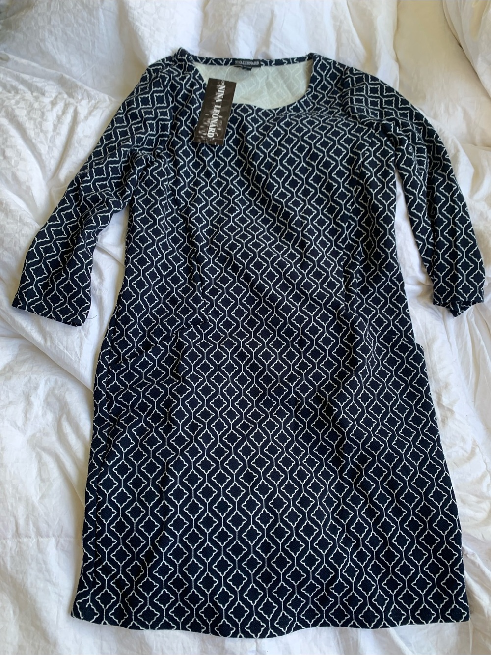 Nina Leonard Navy and White Geometric Long Sleeve Dress